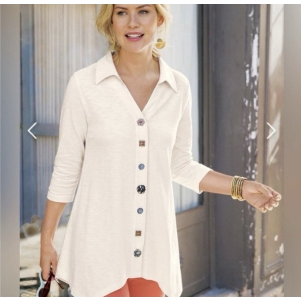 Soft Surroundings Danielle Button Down asymmetrical Hem Top Lagenlook 0693